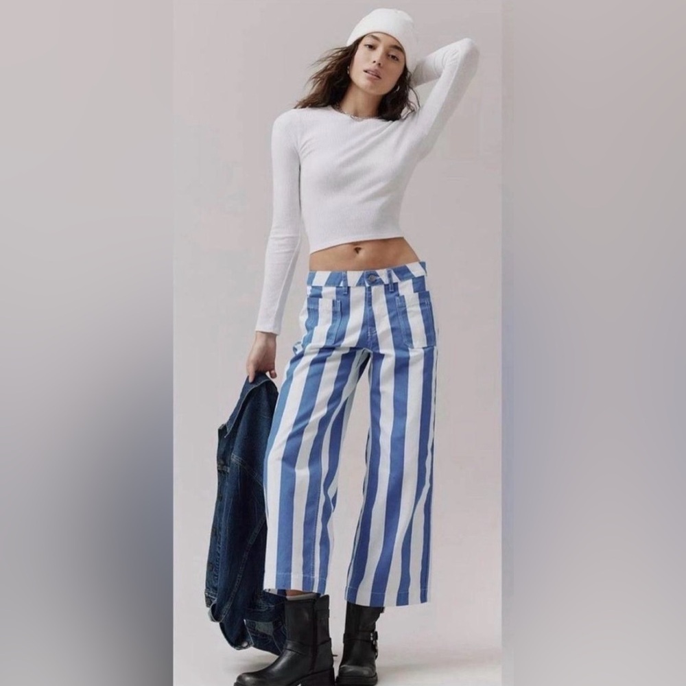 BDG Blue and White Striped Cropped Wide-Leg Pants